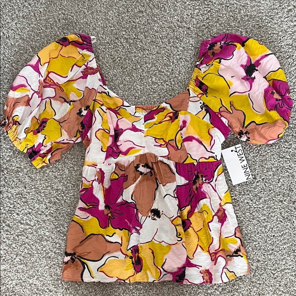 Nine West Women's Floral Puff Sleeve Blouse - Pink, Yellow, Brown